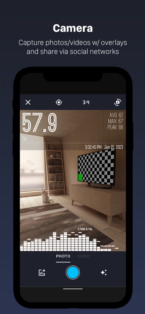 Decibel X PRO: dBA Noise Meter - O aplicativo permite capturar fotos e vídeos com sobreposições de dados sonoros, exibindo o nível atual de dB(A) e um gráfico de barras inferior, ideal para compartilhar em redes sociais a experiência sonora de ambientes.