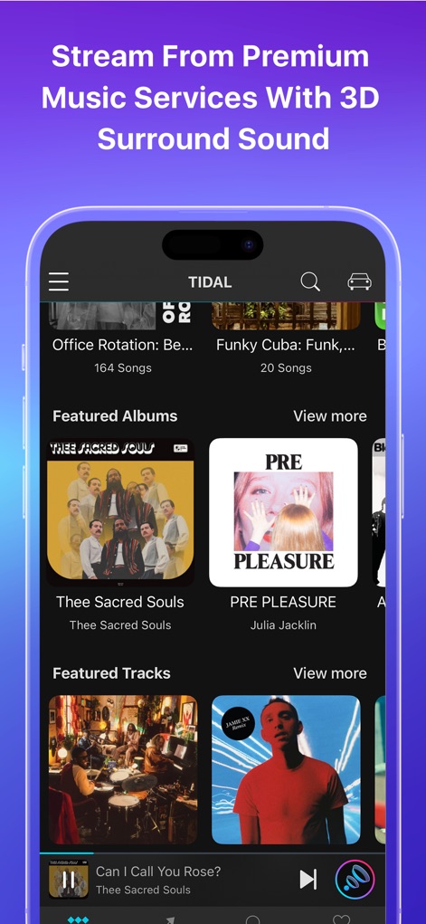 Boom: Bass Booster & Equalizer - The app seamlessly integrates with premium streaming services such as TIDAL, displaying featured albums and tracks within a streamlined interface.