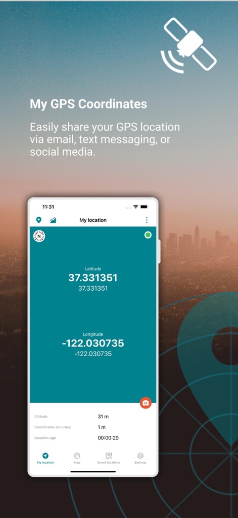 My GPS Coordinates ° - The app delivers precise current coordinates, displaying both latitude and longitude values along with immediate altitude and accuracy metrics.