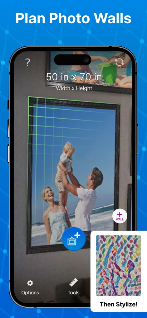 Tape Measure® - Plan stunning photo walls with ease, utilizing the grid overlay for precise placement and viewing the overall dimensions, such as '50 in x 70 in', along with stylized image previews.