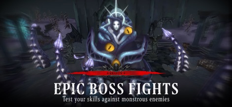 Soul Huntress: Offline Games - La aplicación presenta enfrentamientos desafiantes contra criaturas colosales, como el aterrador "Kraken+", en escenarios góticos y sombríos.