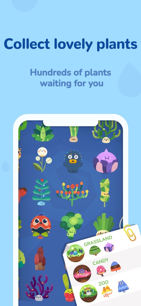 Focus Plant：forest app blocker - Delight in the extensive plant collection showcasing various adorable species and categorized habitats like Grassland and Candy worlds.