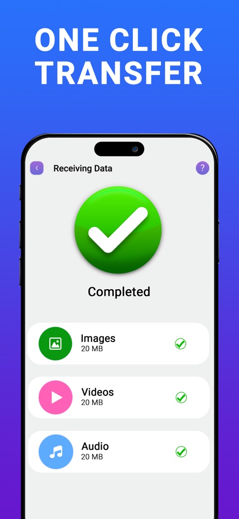 Smart Switch: Copy my data - Esta captura destaca el proceso de transferencia con un indicador visual de éxito y una lista clara de los datos completados, como imágenes y videos.