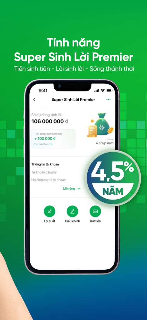 VPBank NEO - The app showcases impressive investment returns, with a clear display of the current balance and a prominent 4.5% annual interest rate for users to maximize their earnings.