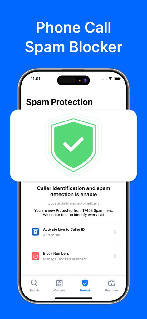 Caller ID - Spam Call Blocker - This screen details the robust "Spam Protection" system, visually represented by a prominent green shield icon and featuring an option to "Block Numbers" for personalized control.