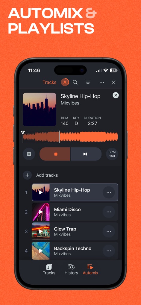 Cross DJ - Music Mixer App - L'application simplifie la gestion de bibliothèque avec des playlists personnalisées et la fonction Smart Automix, permettant des sets fluides et ininterrompus. Les détails de chaque piste comme le BPM et la durée sont clairement affichés.