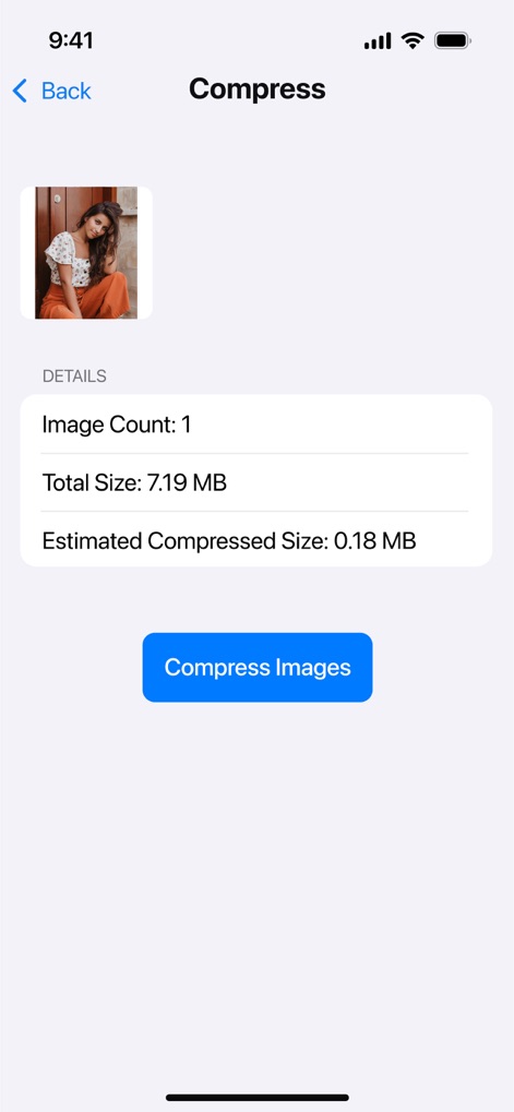 Compress Photos, Resize Image - This screen provides detailed pre-compression information, showing the 'Total Size' of a single image and its 'Estimated Compressed Size' before processing.