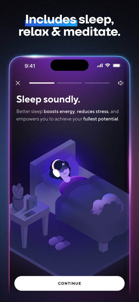 Brain.fm: Focus & Sleep Music - The app offers dedicated support for sleep, featuring engaging "Sleep soundly" introductory text and a calming illustrative graphic of a person resting.