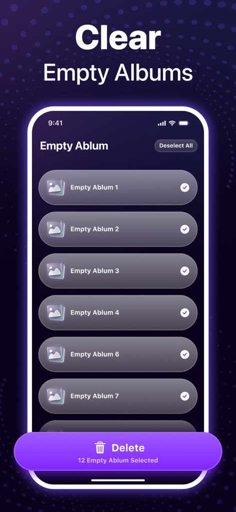 Magic Album-Storage Cleaner - Automatically scan and remove unnecessary empty albums, simplifying gallery management with a clear selection list and total count.