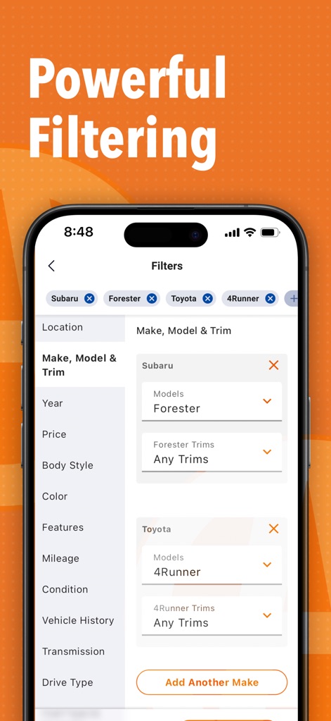 Autotrader – Shop All the Cars - Users can refine their search with extensive filter categories like Make, Model & Trim and view actively applied filter chips such as Subaru and 4Runner for tailored results.