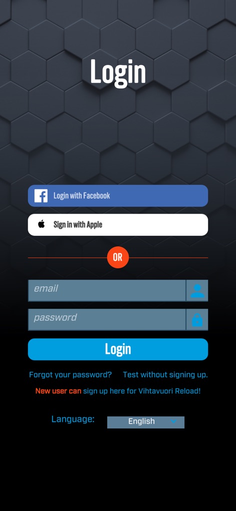 Vihtavuori Reload - ユーザーは、FacebookまたはAppleアカウント連携のオプション、あるいはメールアドレスとパスワード入力フィールドを利用して、安全かつ迅速にアプリへログインできます。