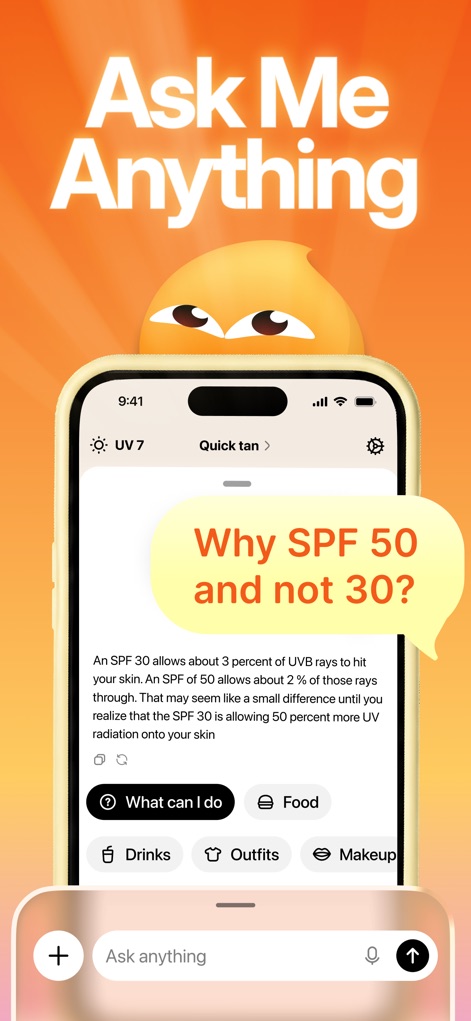 Tan AI: Tanning app - Explore the app's "Ask Me Anything" chat feature, which delivers detailed, AI-powered explanations like the rationale for "Why SPF 50 and not 30?".
