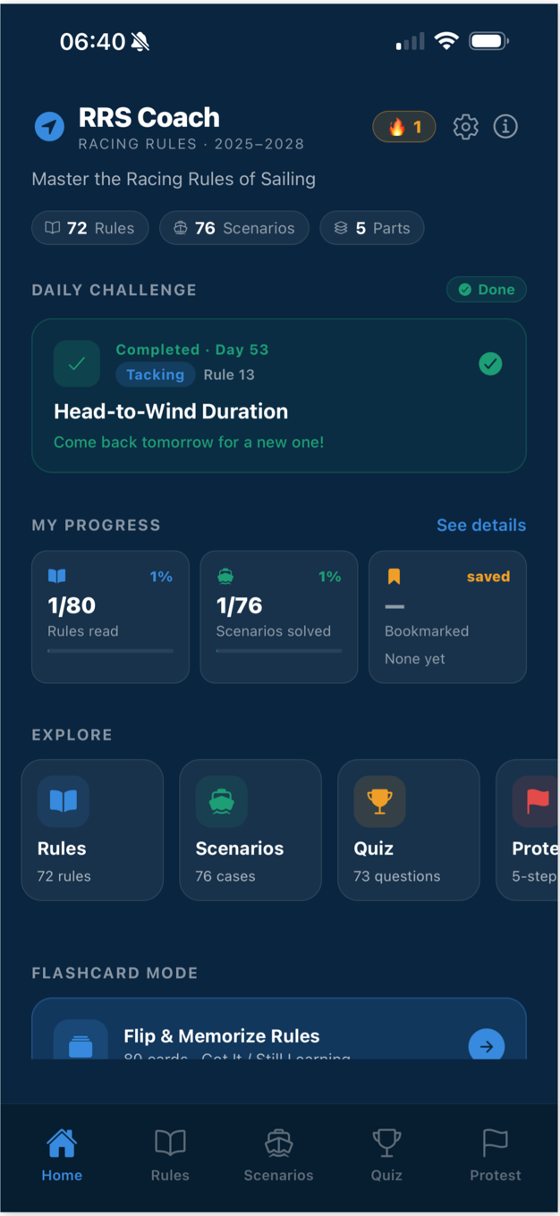 RRS Coach home screen showing the daily challenge and study progress