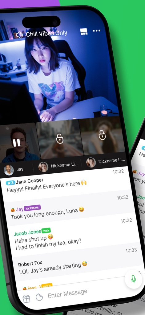 Camfrog: Live Video Chat Rooms - This view demonstrates the dynamic environment with multiple live video feeds and an engaging, real-time text chat stream for group participation.