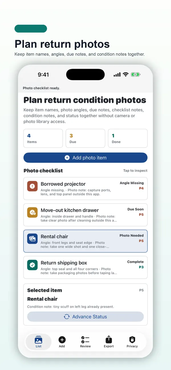 Screenshot #1 pour Return Condition Photo List