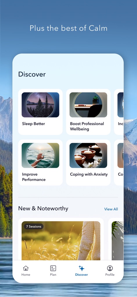 Calm Health - The "Discover" section categorizes a rich selection of programs, from "Sleep Better" to "Coping with Anxiety," highlighting new and noteworthy content for continuous exploration.