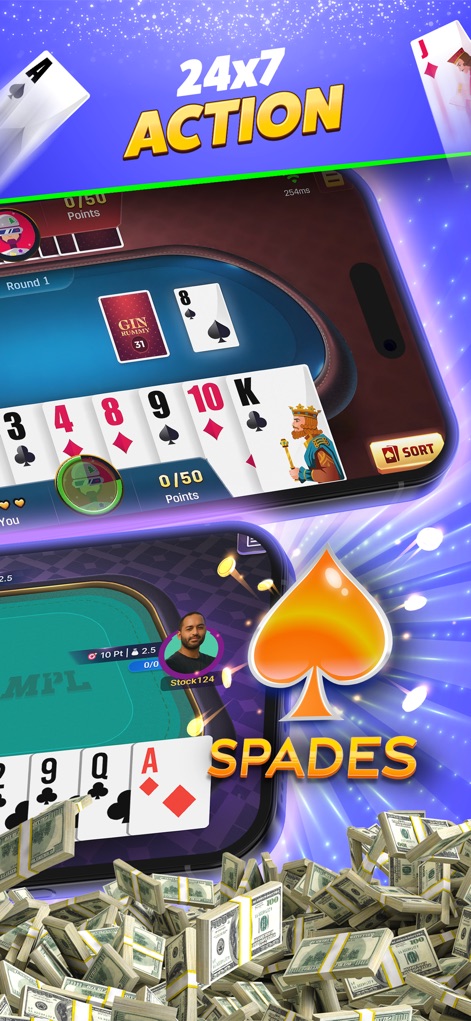 Bingo, Solitaire - Cash Games - La experiencia de Spades está en plena acción con cartas de juego y el lema "24X7 ACTION", mostrando un tablero de juego activo y la interfaz del usuario.