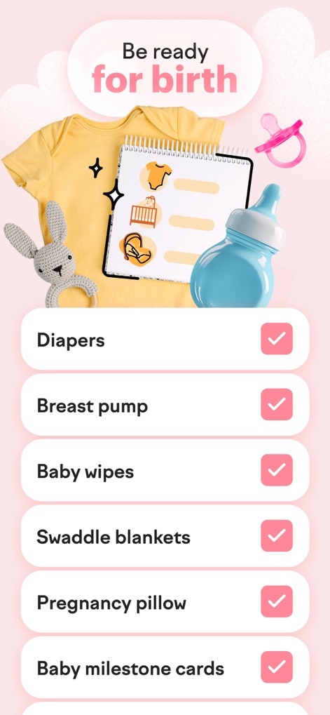 amma: Pregnancy & Baby Tracker - Users can prepare for childbirth with a comprehensive checklist of baby essentials, including items like "Diapers" and a "Breast pump," ensuring readiness for the big day.