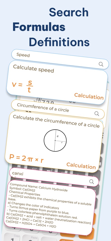 Scientific Calculator fx-991 - La aplicación ofrece una extensa biblioteca donde los usuarios pueden buscar fórmulas matemáticas y científicas como "velocidad" o "circunferencia de un círculo", presentando no solo las ecuaciones sino también definiciones y diagramas explicativos.