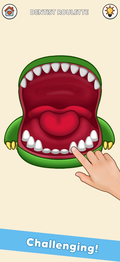 TicTack Challenge: Mini Games - The "Dentist Roulette" game is presented, engaging users with its cartoon monster mouth and interactive tooth selection, highlighting its "Challenging!" nature.