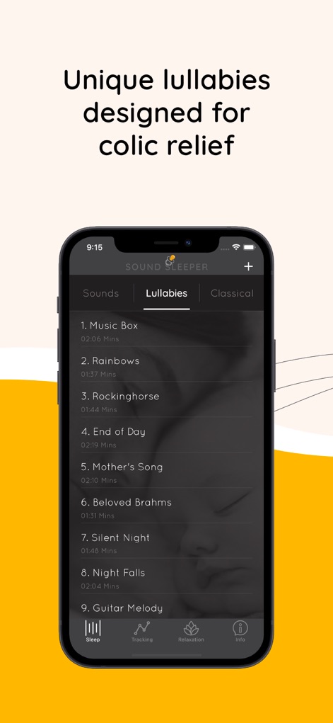 Sound Sleeper Baby White Noise - Die App-Oberfläche präsentiert den "Lullabies"-Tab mit einer Auswahl an beruhigenden Melodien wie "Music Box" und "Rainbows", die speziell zur Linderung von Koliken konzipiert sind.