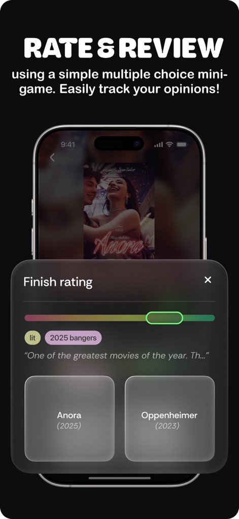Podiums: Rate, Rank & Discover - The app transforms rating into an engaging 'multiple choice mini-game', where users effortlessly compare content like 'Anora' and 'Oppenheimer' and monitor their progress with a clear rating slider.