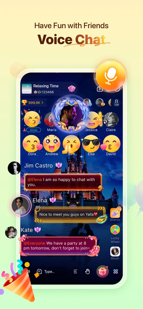 Yalla - Play Game & Voice Chat - Witness the lively voice chat interface, where users can see multiple participant profiles and engage in real-time text conversations.