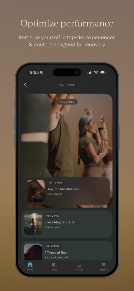 Life Time Digital - Users can explore diverse mind and body content, including meditation podcasts with clearly indicated durations, like 'Tap Into Mindfulness' and '7 Types of Rest'.