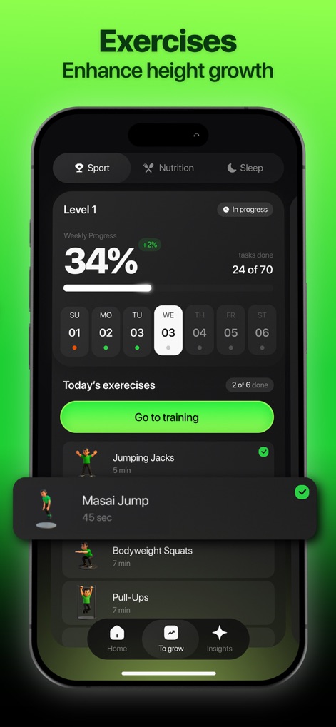 GoTall - Height Predictor - Explore a variety of daily exercises like Masai Jump and Jumping Jacks, designed to enhance growth, with clear tracking of weekly progress.