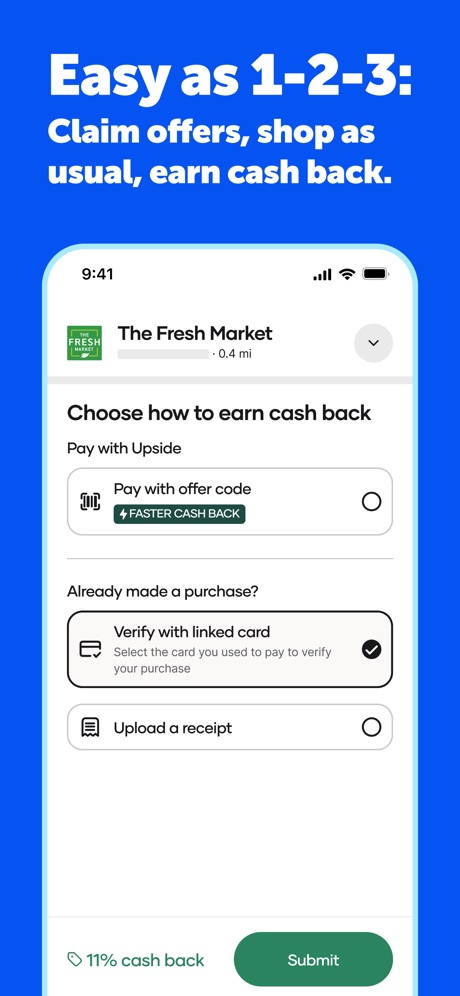 Upside: Gas & Food Cash Back App Store screenshot 3, headline “Easy as 1-2-3: Claim offers, shop as usual, earn cash back.”. Badge.