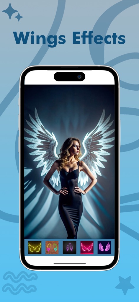 Pixel Lab Photo Editor - Esta ferramenta transforma fotos com efeitos de asas, permitindo aos usuários adicionar asas luminescentes e personalizá-las através das diversas opções de design disponíveis na parte inferior.