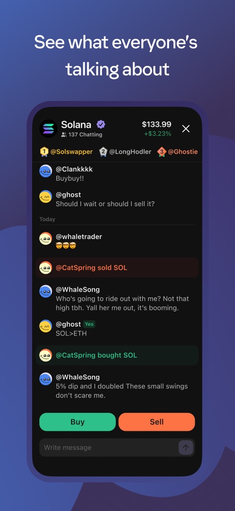 Phantom - Trade Markets - O aplicativo permite aos usuários interagir com um feed de conversas em tempo real sobre Solana, incluindo menções e a opção de 'Buy' e 'Sell' diretamente.