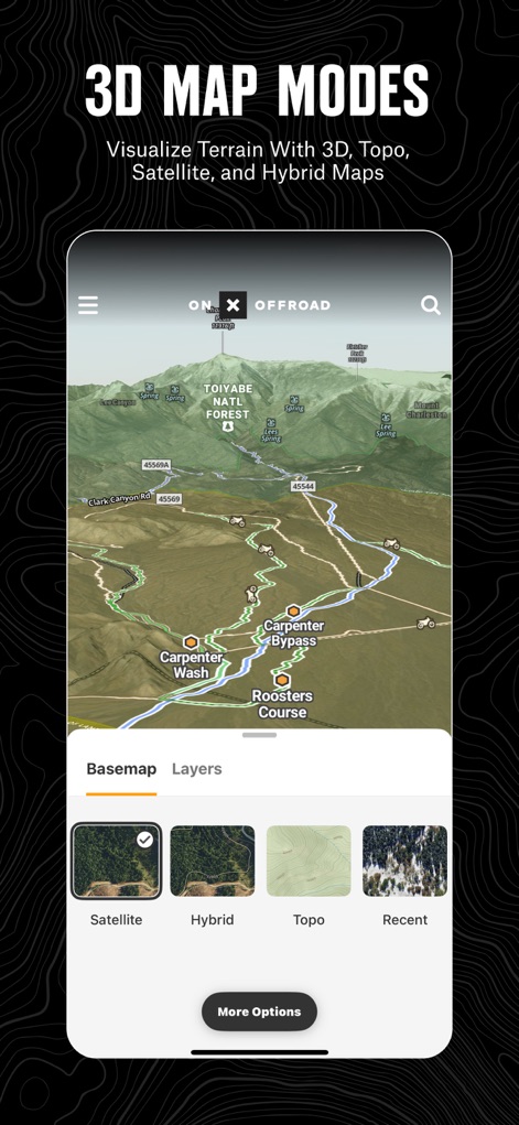 onX Offroad: Trail Maps & GPS - The app provides stunning 3D map modes for visualizing terrain, allowing users to switch between satellite, hybrid, and topographic basemaps for comprehensive views.