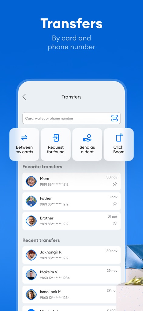 Click SuperApp - Users can navigate various transfer methods, including 'Between my cards' and 'Click Boom', alongside a readily available list of 'Favorite transfers' for quick transactions.