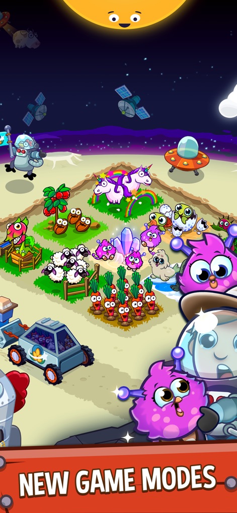 Idle Farming Empire - Die App präsentiert hier unkonventionelle Farmumgebungen, wie das Farming auf dem Mond mit Sternen und Planeten im Hintergrund, und zeigt außergewöhnliche Kreaturen wie Astronauten und eine Einhorn-Kuh.