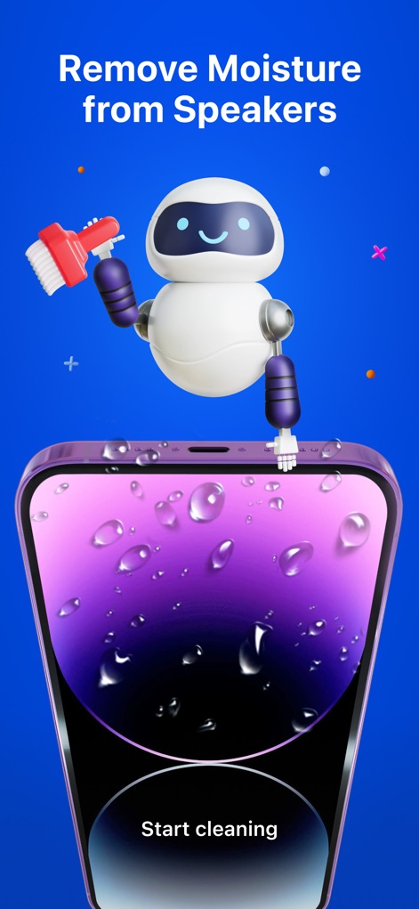 Clean Tune - Speaker Cleaner - Discover how this app simplifies speaker maintenance, showcasing the animated robot visual and the intuitive "Start cleaning" button for effortless water removal.