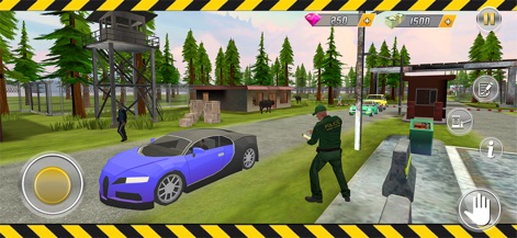 Police Simulator Border Patrol - Los usuarios realizan inspecciones vehiculares, evidenciado por el agente uniformado deteniendo un coche deportivo azul en un punto de control con una torre de vigilancia.
