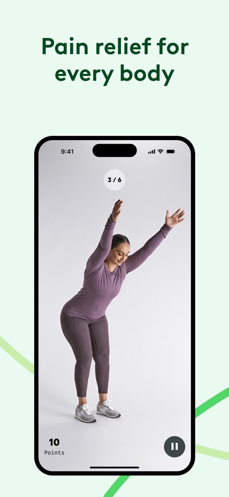 Hinge Health - Cet écran présente une séance d'exercice guidée, où les utilisateurs voient leur "progression (3/6)" dans une série et accumulent des "points" pour chaque mouvement accompli.