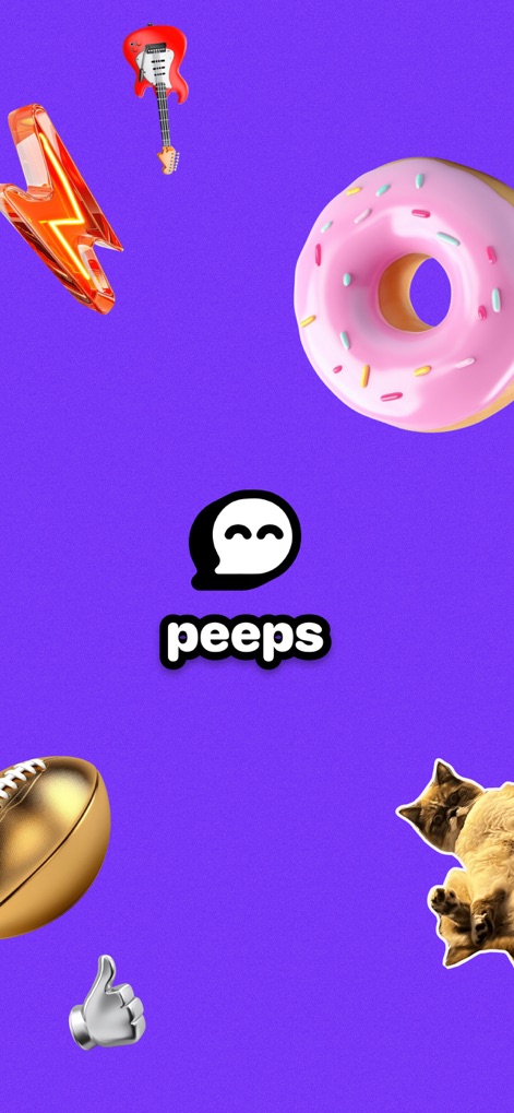 Peeps - Make New Friends - O logotipo central do aplicativo é artisticamente emoldurado por ícones 3D de interesses variados, como uma rosquinha e uma guitarra, simbolizando a amplitude das comunidades que se pode encontrar.