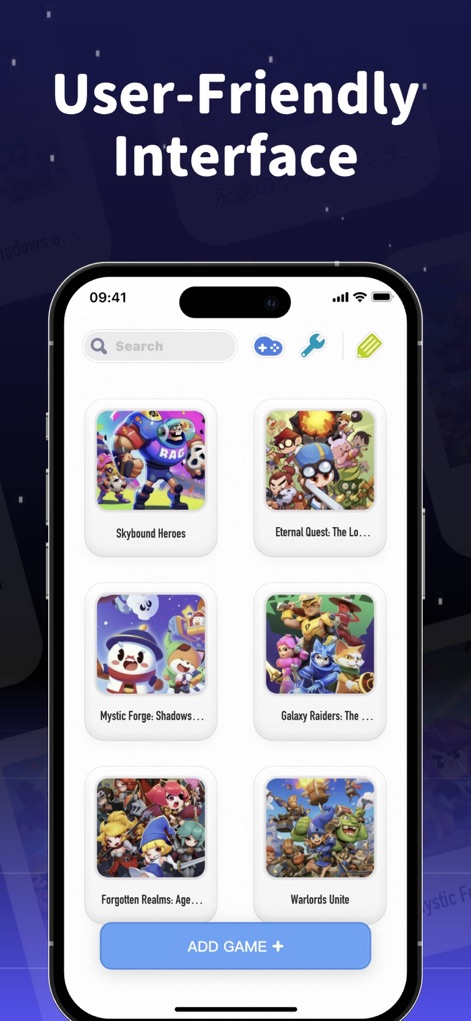 Game Emulator - RePlay - アプリはユーザーフレンドリーなインターフェースを提供し、多数のゲームカバーがグリッド形式で表示されるゲームリストと、迅速なゲーム検索を可能にする上部の検索バー、新しいゲームを追加する「ADD GAME +」ボタンを備えています。