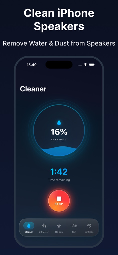 Water Eject · Speaker Сleaner - Discover the app's streamlined cleaning interface, featuring a dynamic progress indicator and an easily accessible one-tap stop function.