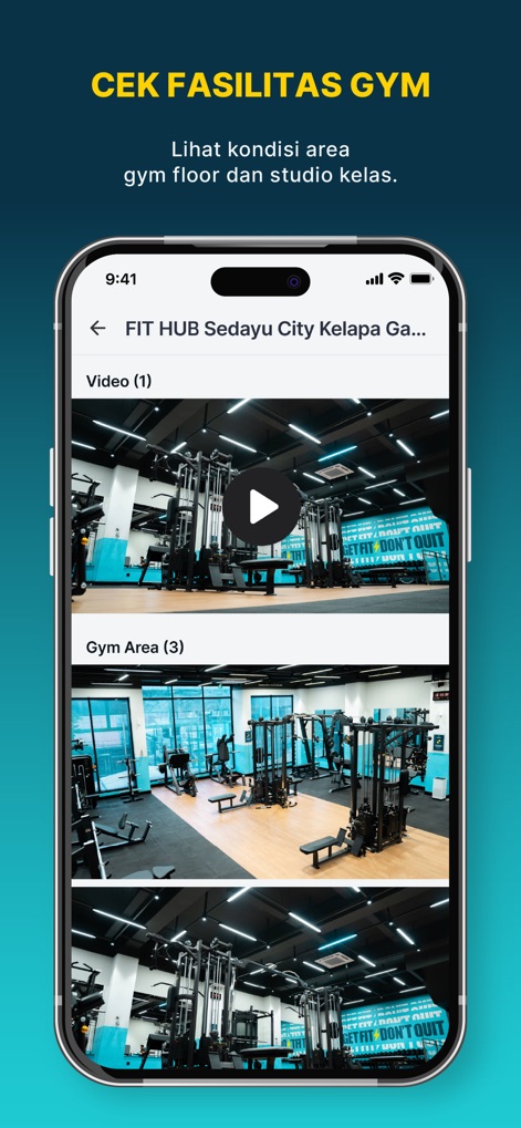 FIT HUB | Gym & Fitness App - This screen provides a detailed visual tour of each gym, allowing users to preview the gym area and watch introductory videos of the facility before visiting.