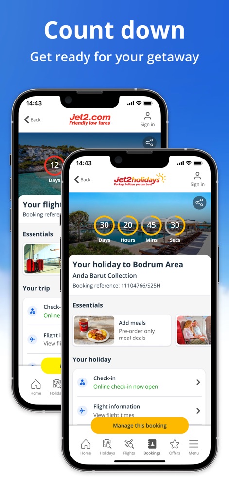Jet2 - Holidays and Flights - La aplicación genera entusiasmo con un reloj de "Count down" prominente que muestra los días, horas, minutos y segundos restantes para el viaje, y ofrece una sección de "Essentials" para gestionar elementos como añadir comidas y el check-in online.