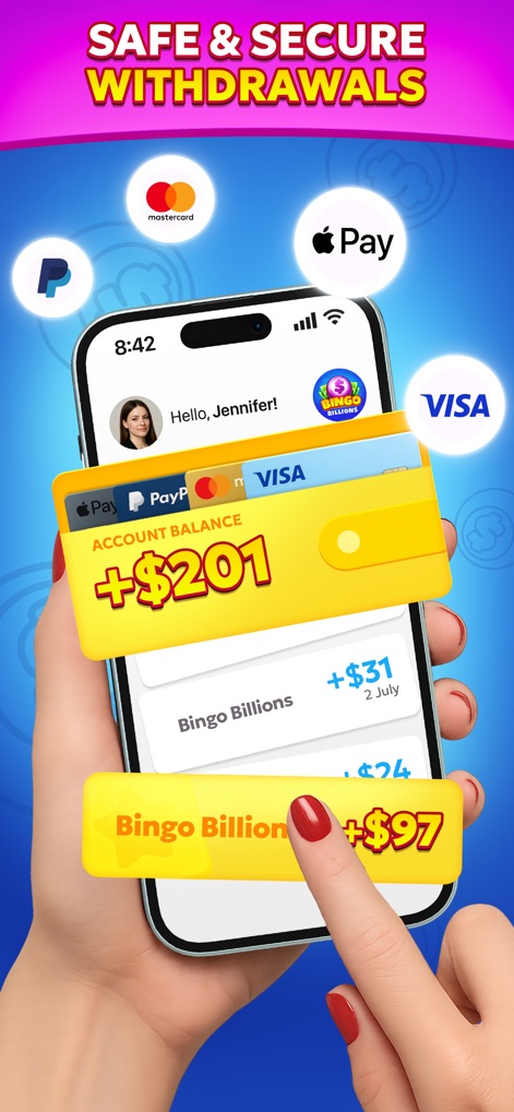 Bingo Billions: Win Real Cash! - Users can confidently view their growing account balance and the secure integration of various withdrawal payment methods like PayPal and Apple Pay.