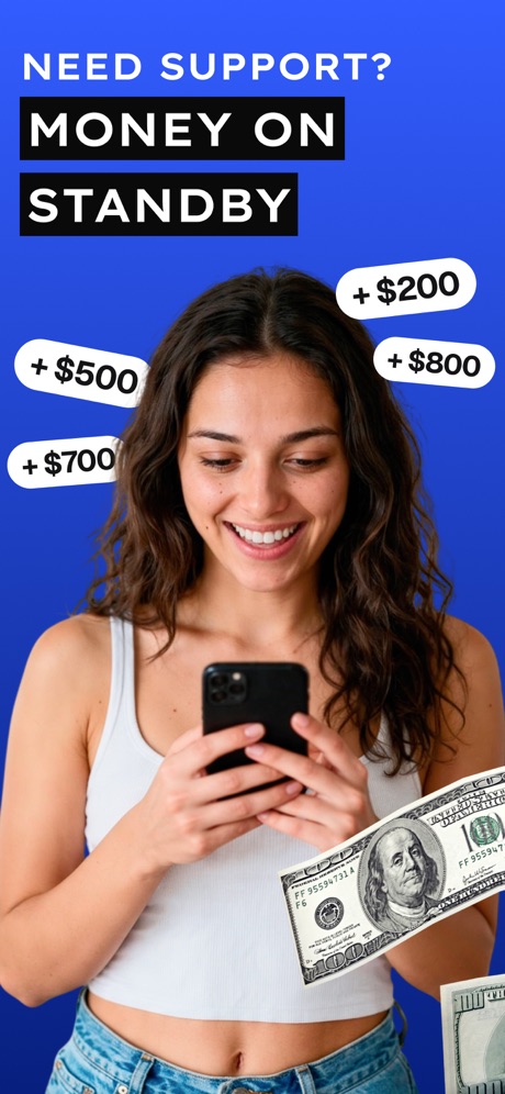 Instant Cash Advance - Zora App Store screenshot 2, headline “MONEY ON STANDBY”. Headline in capitals.