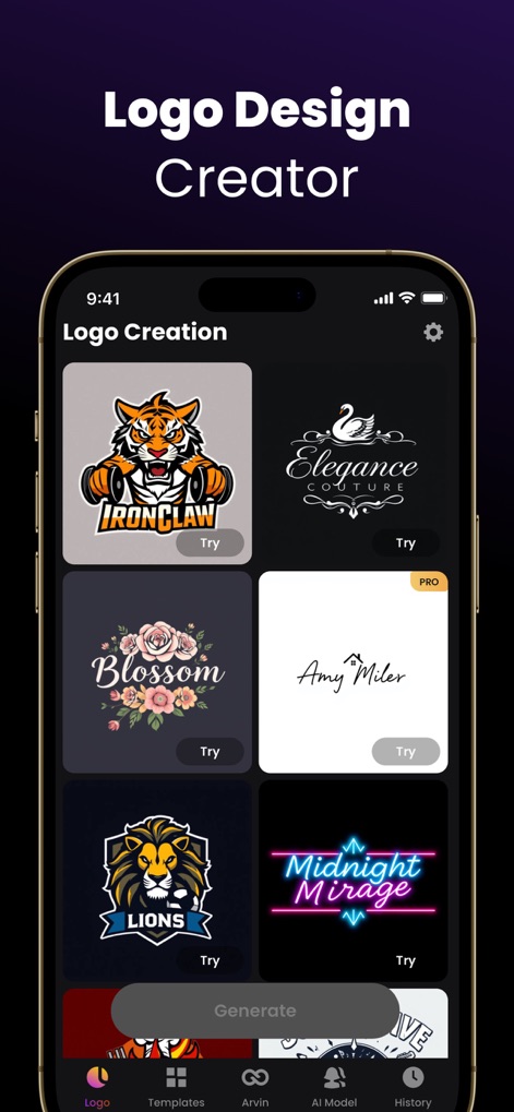 Arvin®: AI Product Photo Maker - The app offers a rich selection of ready-to-use logo designs, including fierce 'IRONCLAW' animal mascots and elegant 'Elegance Couture' typography, for quick branding.