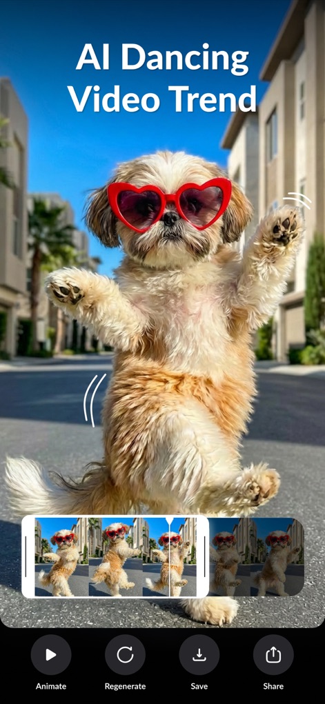 AI Photo Video Generator: AURA - Join the "AI Dancing Video Trend" by transforming pets into animated dance videos, complete with a visual timeline to review the generated frames.