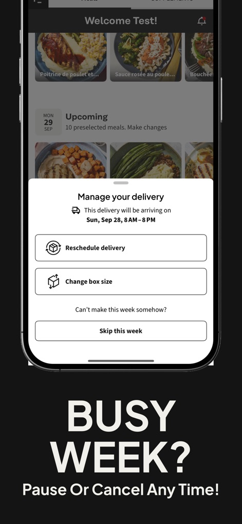 Factor_ Prepared Meal Delivery - Das Overlay „Manage your delivery“ bietet flexible Optionen wie „Reschedule delivery“ oder „Skip this week“, die es Nutzern ermöglichen, ihre Lieferungen jederzeit an einen geschäftigen Zeitplan anzupassen.