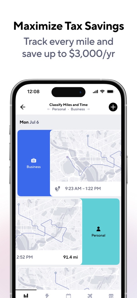 Gridwise: Gig Driver Assistant - Esta pantalla permite clasificar fácilmente los viajes como 'Business' o 'Personal', mostrando segmentos de mapa y el tiempo/distancia de cada recorrido.
