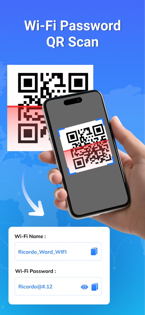 Wifi Password on Map Wifi View - Users can quickly connect to networks by scanning WiFi QR codes, instantly populating the Wi-Fi name and password fields for effortless access.